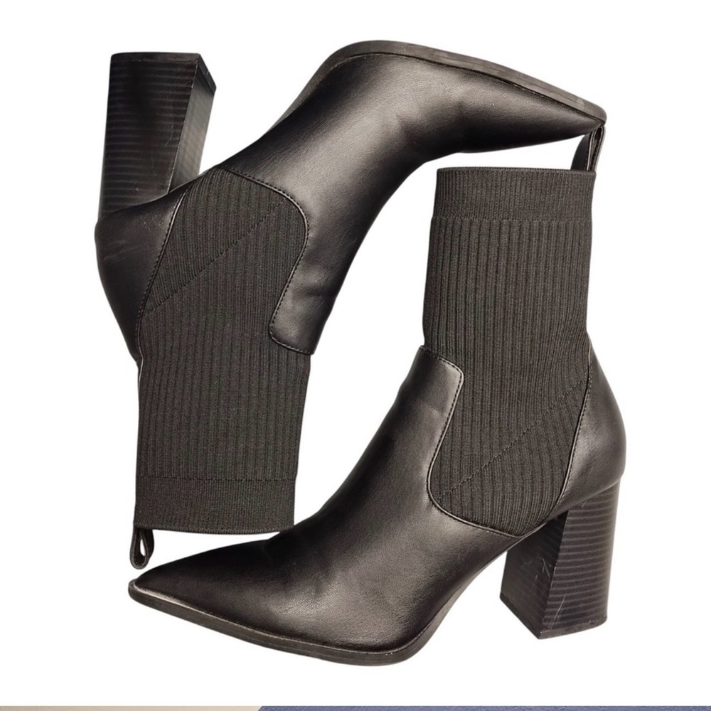 Open Edit Black Sock Booties | Pointed Toe Chunky Heel Ankle Boots